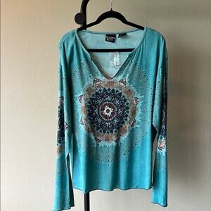 NWOT Crossing Pointe Teal Mandala Beaded Women's Top - size XL